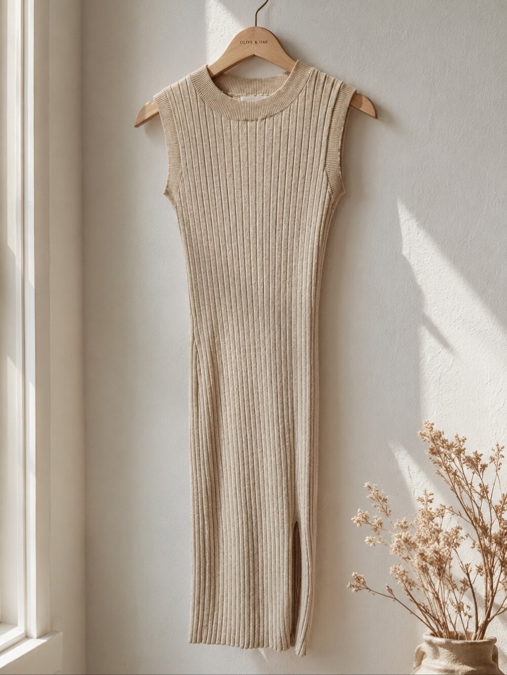 Olive & Oak Womens XS Beige Ribbed Mock Neck Midi Dress Sleeveless Slit